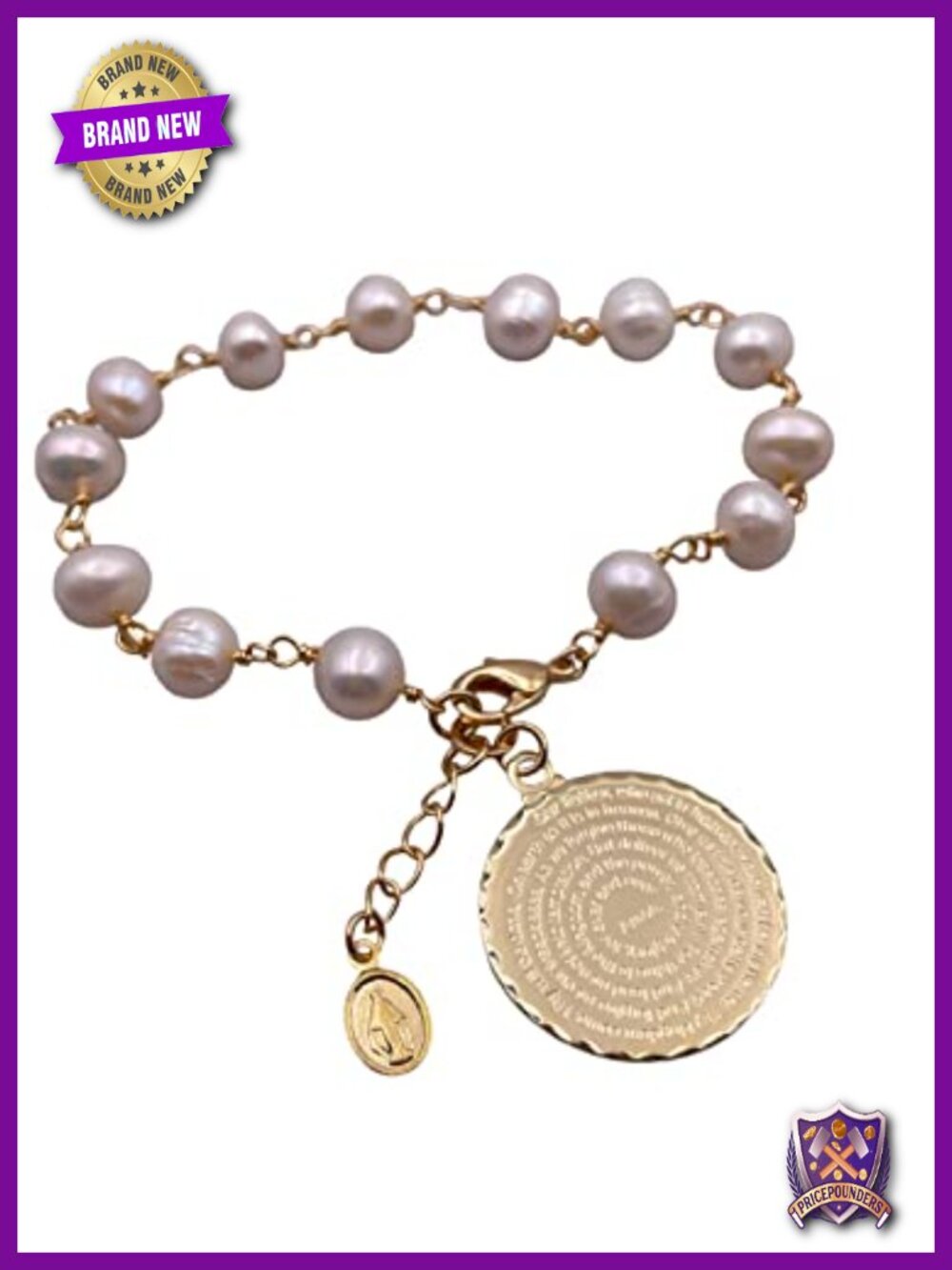 Freshwater Cultured Pearl Bracelet Our Father Prayer Pendant Adjustable
